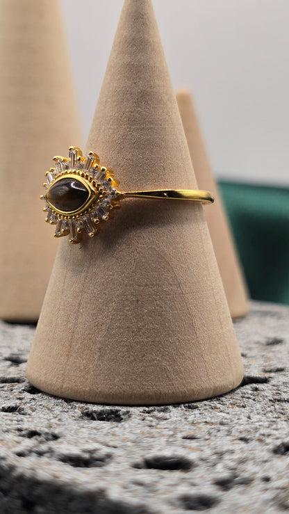 925 Sterling Silver Tigers Eye Sunray Ring - Gold Plated