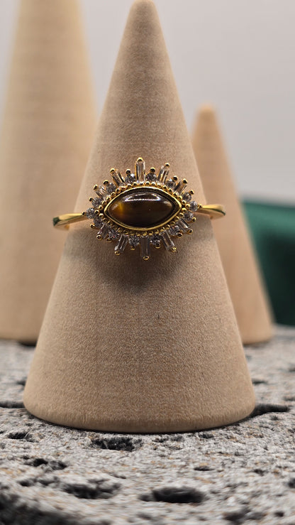 925 Sterling Silver Tigers Eye Sunray Ring - Gold Plated